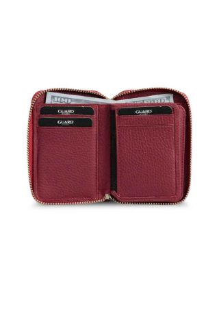 Kırmızı Gerçek Deri Fermuarlı Mini Cüzdan - Guard